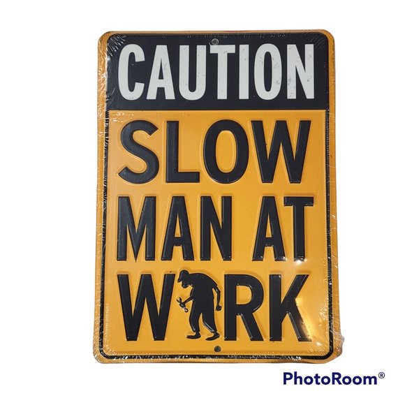 Open Road Other - Caution Slow Man At Work 6" x 8" Black Yellow Vertical Mount Metal Wall Sign